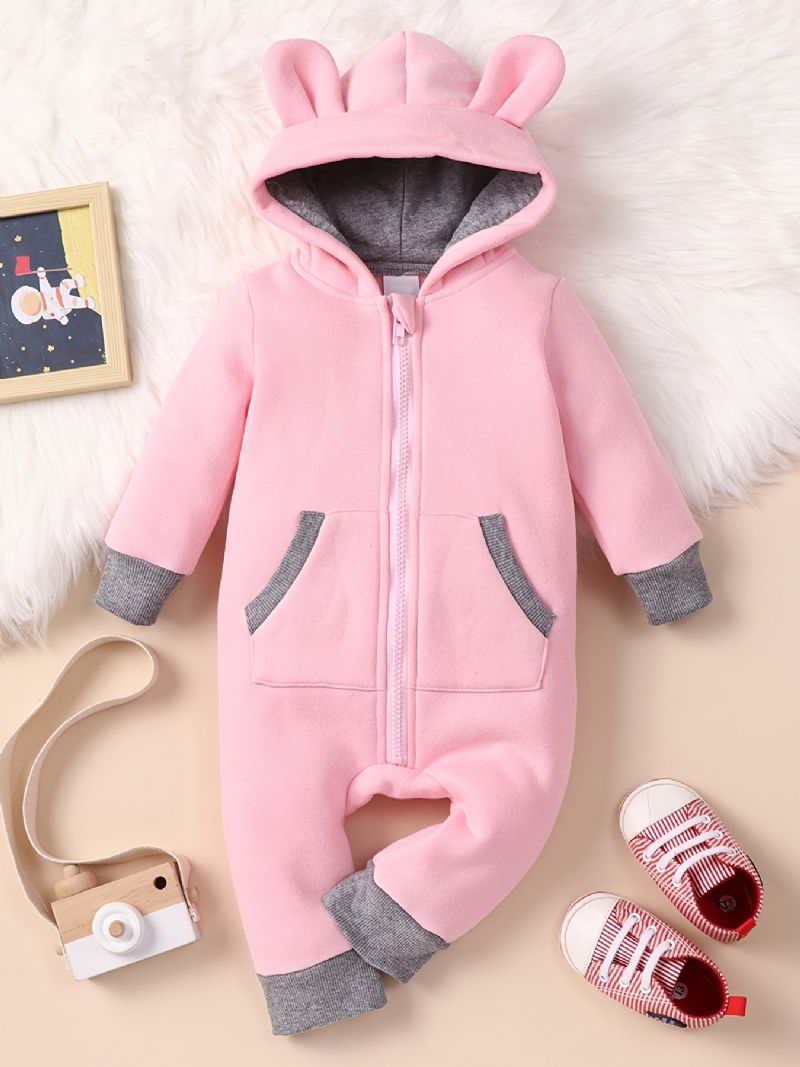 Nyfödda Bear Ear Hooded Romper Långärmad Pocket Jumpsuit För Bebis Pojkar Flickor Småbarnskläder