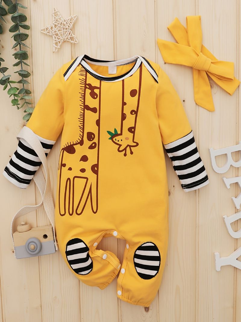 Nyfödda Flickor Jumpsuits Med Girafftryck & Pannband Set Newborn Bebis Set