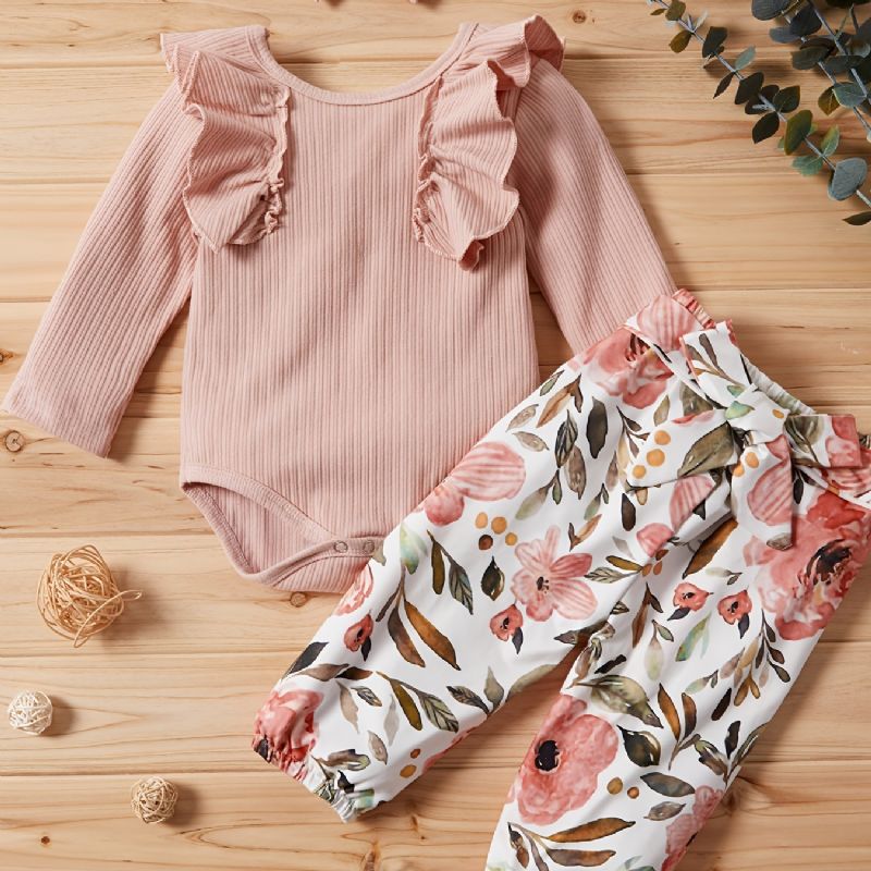 Nyfött Spädbarn Bebis Flickor Romper + Blommiga Byxor + Pannband Set Bebiskläder Outfit Body Onesie Jumpsuit