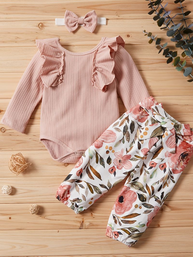 Nyfött Spädbarn Bebis Flickor Romper + Blommiga Byxor + Pannband Set Bebiskläder Outfit Body Onesie Jumpsuit