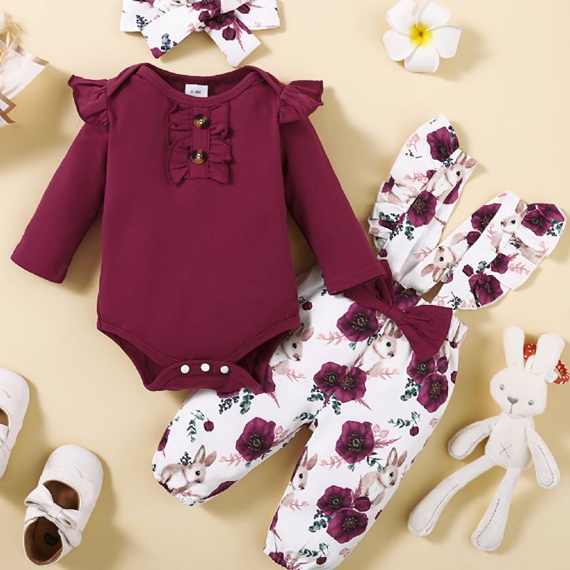 Ruffle Shoulder Flickor Långärmad Romper Jumpsuit + Blommigt Tryck Hängselbyxor + Pannband Set Bebiskläder