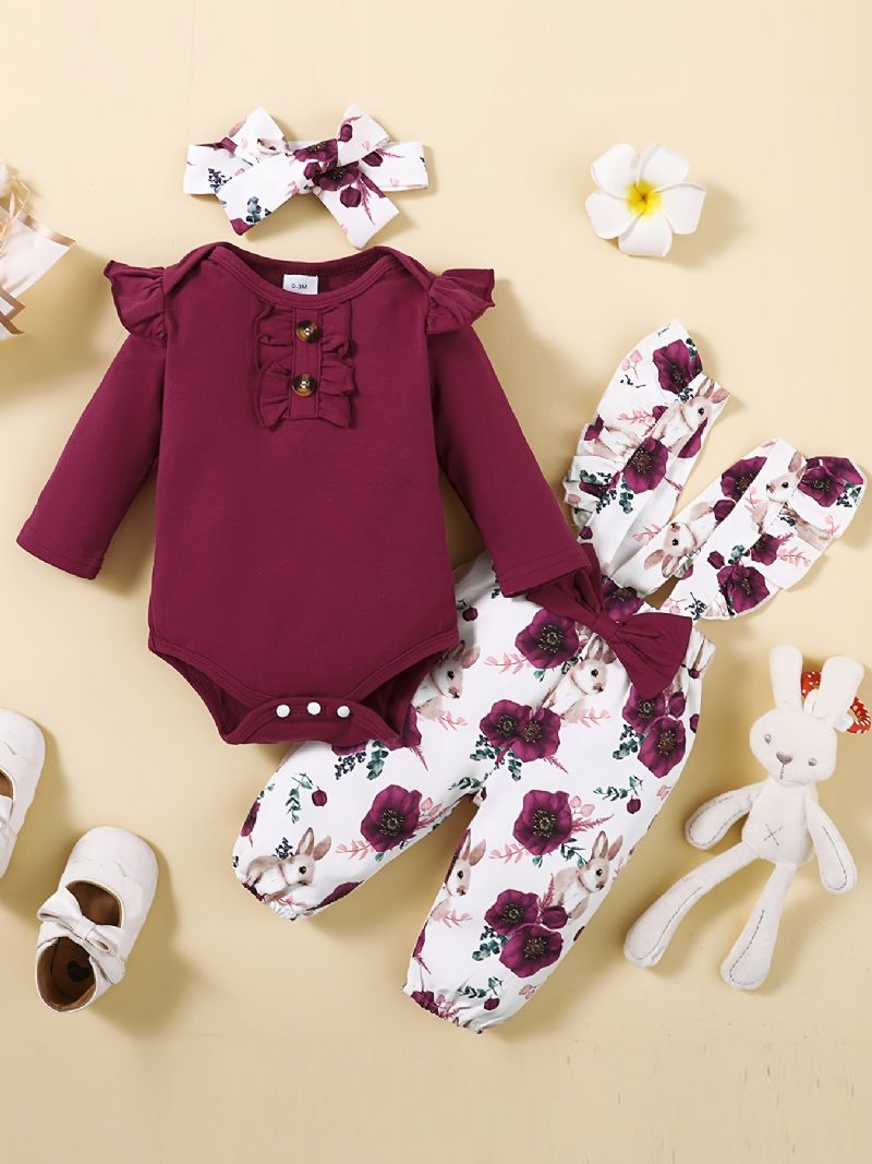 Ruffle Shoulder Flickor Långärmad Romper Jumpsuit + Blommigt Tryck Hängselbyxor + Pannband Set Bebiskläder