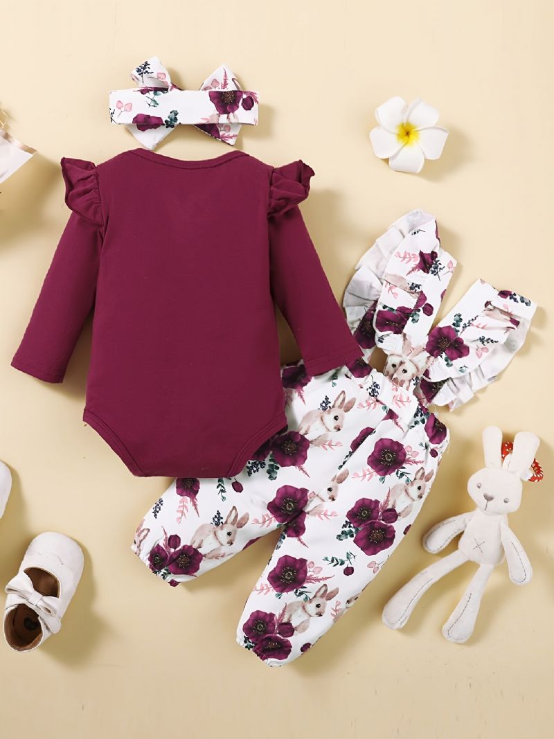 Ruffle Shoulder Flickor Långärmad Romper Jumpsuit + Blommigt Tryck Hängselbyxor + Pannband Set Bebiskläder