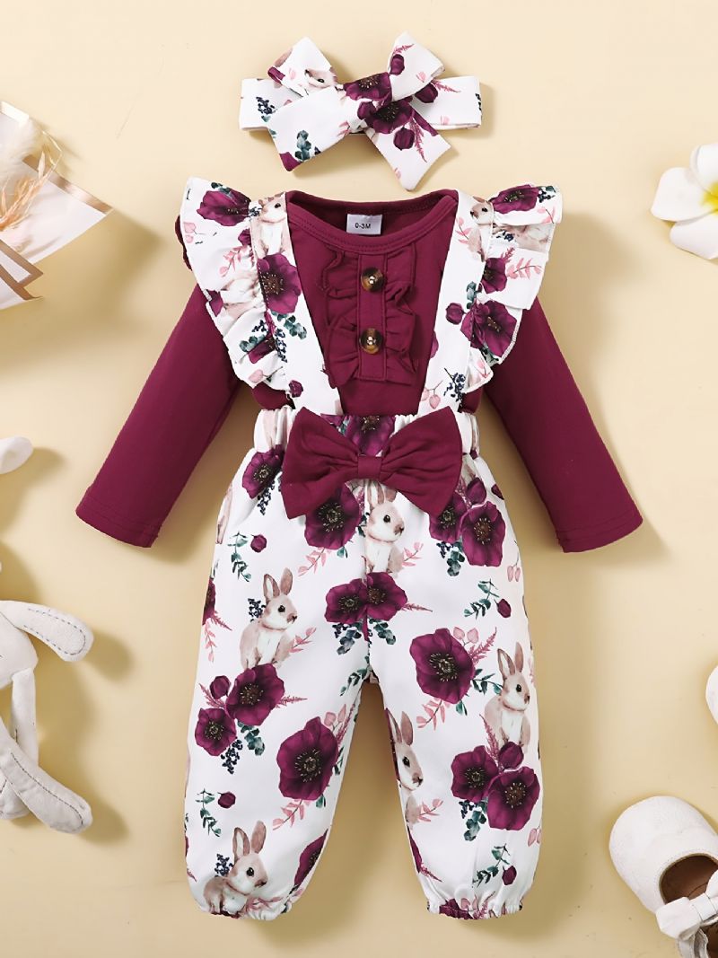 Ruffle Shoulder Flickor Långärmad Romper Jumpsuit + Blommigt Tryck Hängselbyxor + Pannband Set Bebiskläder