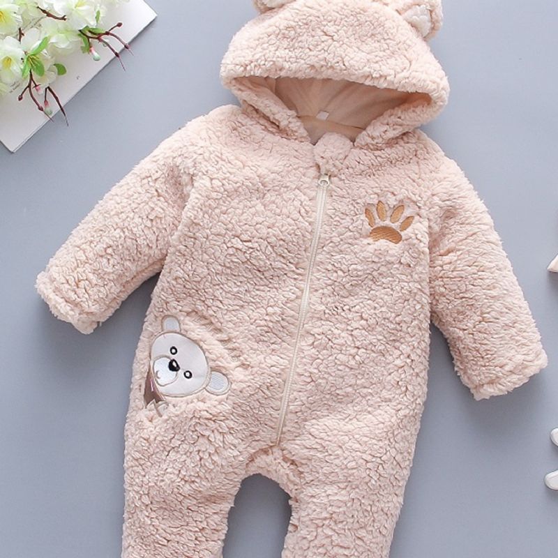 Småbarn Barn Broderi Björn Förtjockad Hooded Jumpsuit