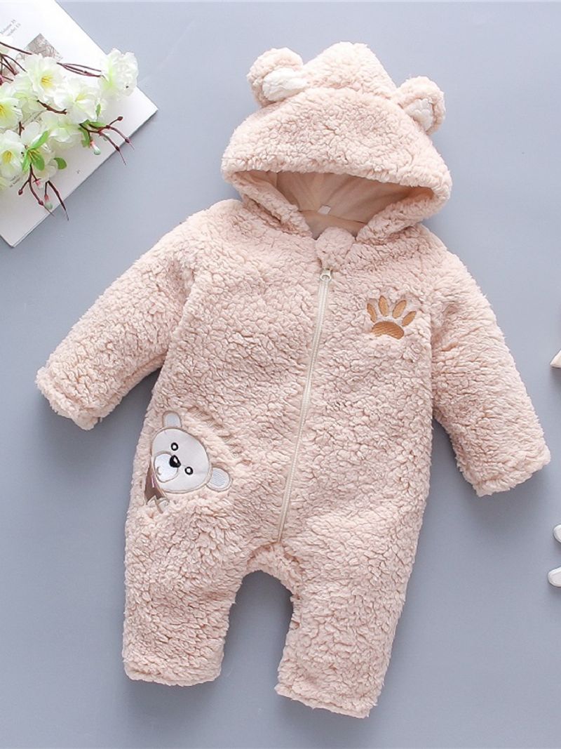 Småbarn Barn Broderi Björn Förtjockad Hooded Jumpsuit