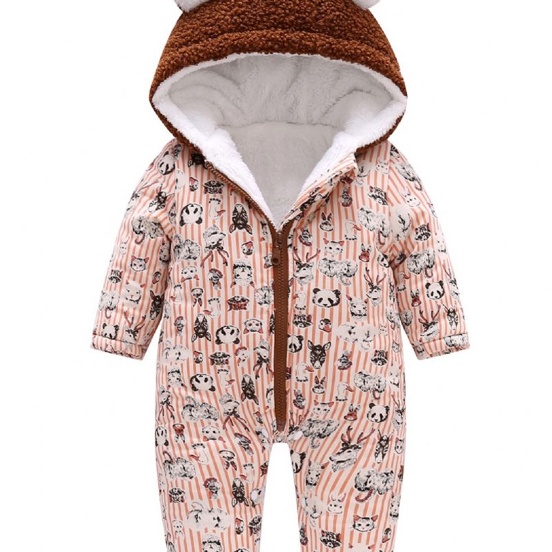 Småbarn Bebis Huva Fleece Varm Jumpsuit Ränder Cartoon Print Dragkedja Långärmad Romper För Pojkar Flickor