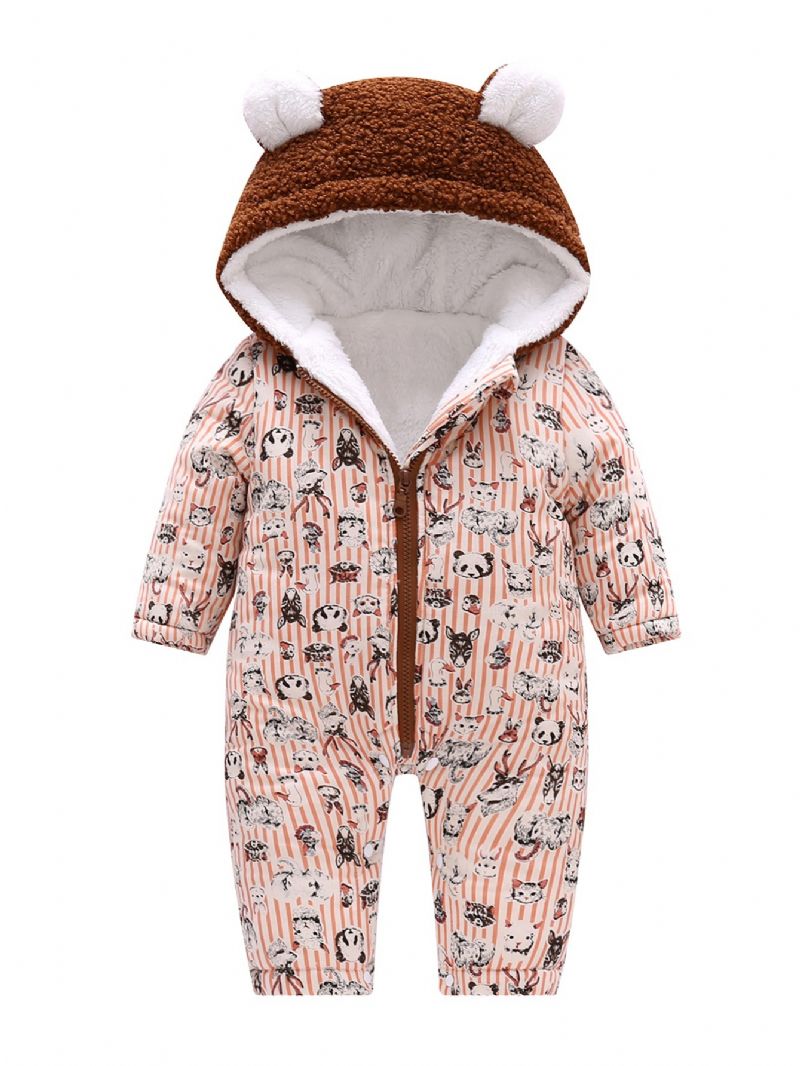 Småbarn Bebis Huva Fleece Varm Jumpsuit Ränder Cartoon Print Dragkedja Långärmad Romper För Pojkar Flickor