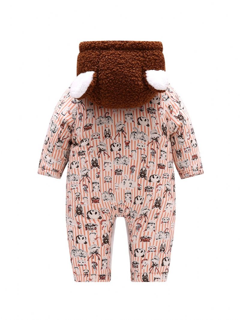 Småbarn Bebis Huva Fleece Varm Jumpsuit Ränder Cartoon Print Dragkedja Långärmad Romper För Pojkar Flickor