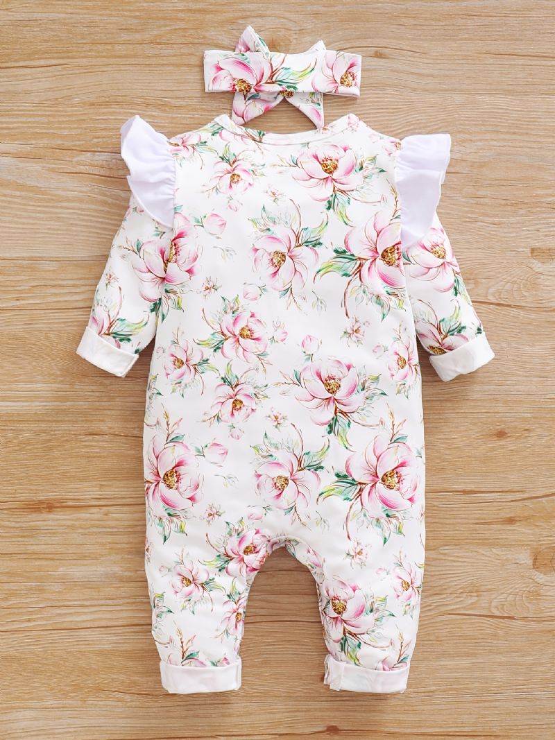 Småbarn Bebis Jumpsuit Blommor Print Rundhalsad Långärmad Flugsleeve Romper & Rosett Pannband För Flickor