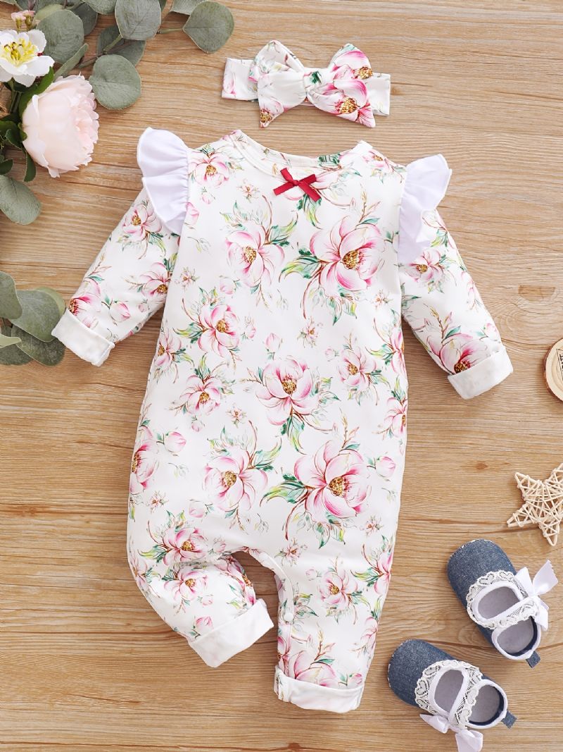 Småbarn Bebis Jumpsuit Blommor Print Rundhalsad Långärmad Flugsleeve Romper & Rosett Pannband För Flickor