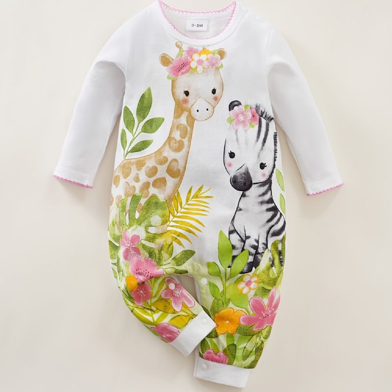 Småbarn Nyfödda Bebis Flickor Romper Tecknad Giraffe Zebra Tryckt Jumpsuit