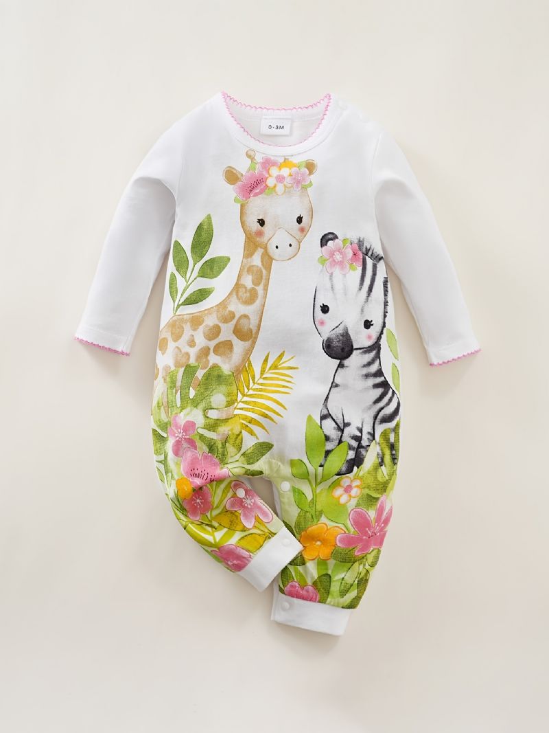 Småbarn Nyfödda Bebis Flickor Romper Tecknad Giraffe Zebra Tryckt Jumpsuit