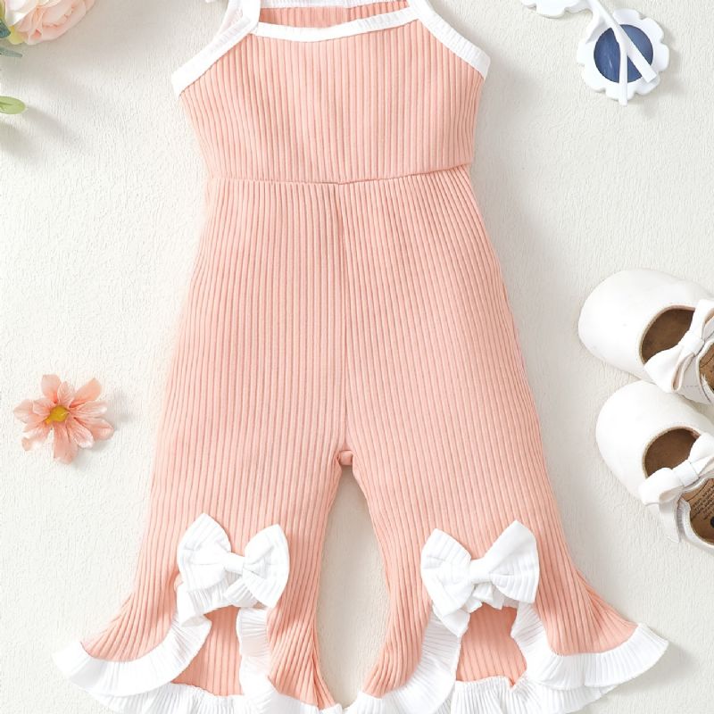 Spädbarn Bebis Flickor Rosett Ruffle Ribbad Stickad Cami Flare Leg Jumpsuit