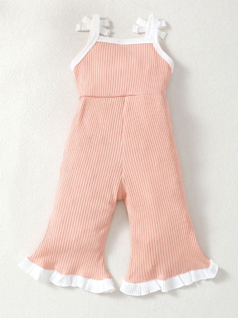 Spädbarn Bebis Flickor Rosett Ruffle Ribbad Stickad Cami Flare Leg Jumpsuit