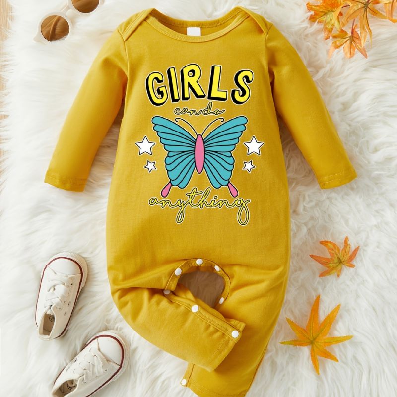 Spädbarn Romper Butterfly Brevtryck Långärmad Rundhalsad Jumpsuit För Bebis Flickor Barnkläder