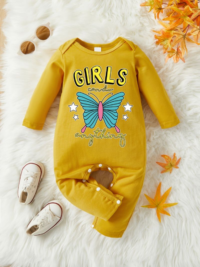 Spädbarn Romper Butterfly Brevtryck Långärmad Rundhalsad Jumpsuit För Bebis Flickor Barnkläder