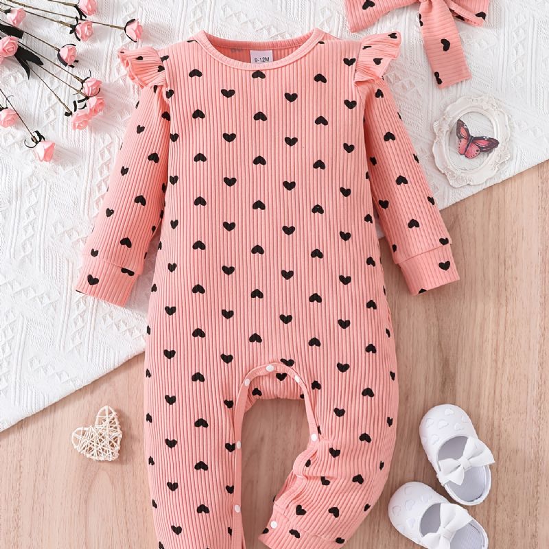 Toddler Bebis Flickor Jumpsuit Tryckt Peach Hjärta Rund Hals Långärmad Romper