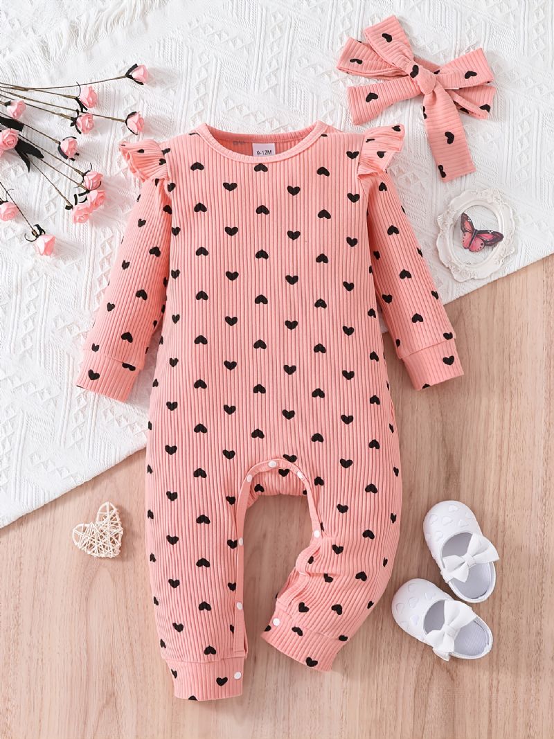 Toddler Bebis Flickor Jumpsuit Tryckt Peach Hjärta Rund Hals Långärmad Romper