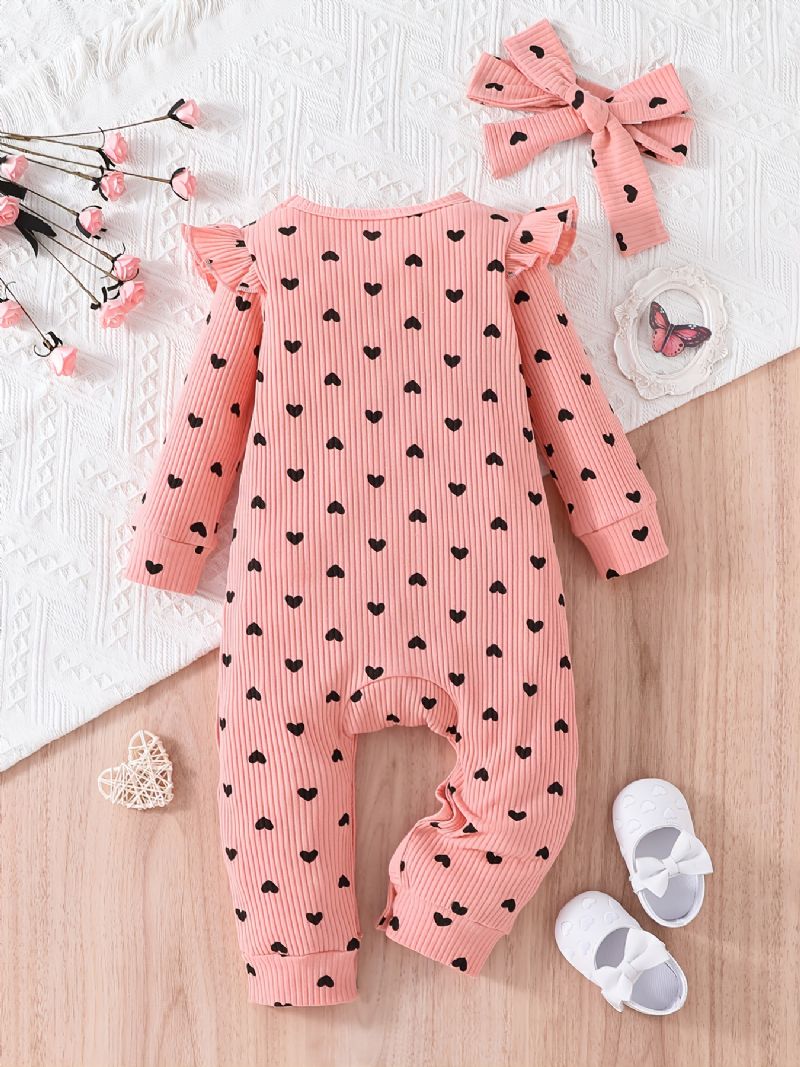 Toddler Bebis Flickor Jumpsuit Tryckt Peach Hjärta Rund Hals Långärmad Romper