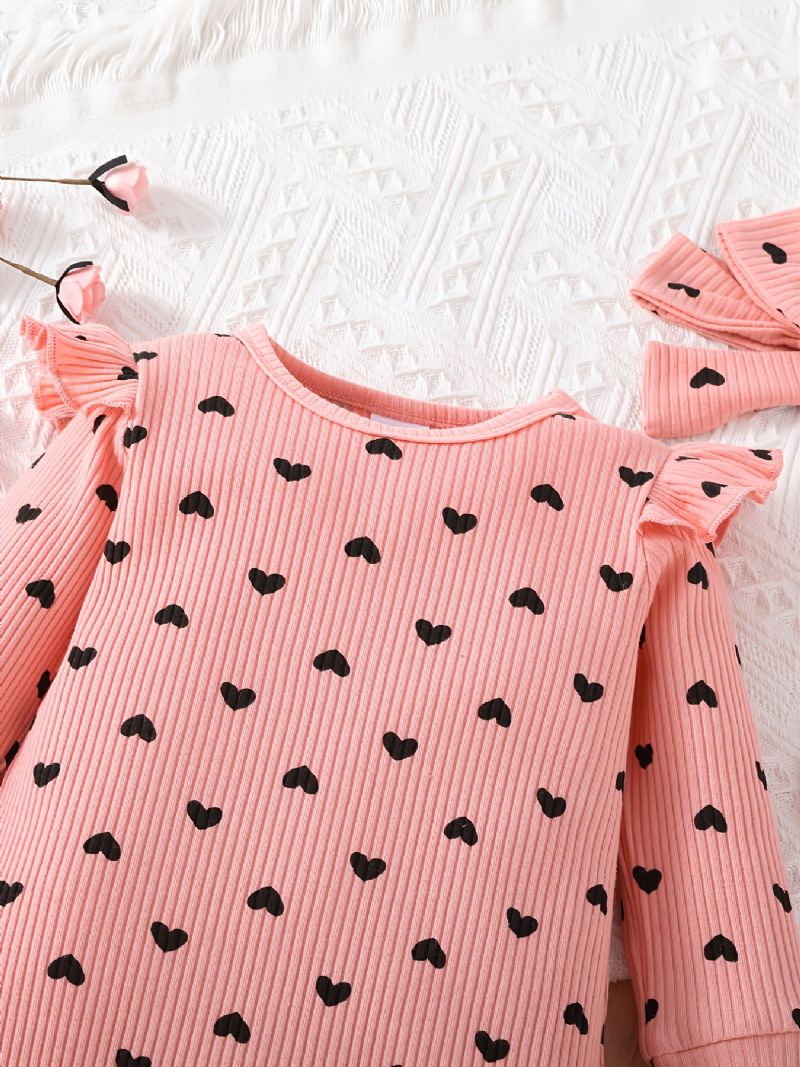 Toddler Bebis Flickor Jumpsuit Tryckt Peach Hjärta Rund Hals Långärmad Romper