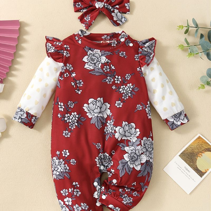 Toddler Bebis Flickor Jumpsuit Volang Långärmad Tröja Med Blommönster & Pannbandset