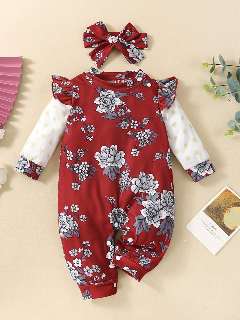 Toddler Bebis Flickor Jumpsuit Volang Långärmad Tröja Med Blommönster & Pannbandset