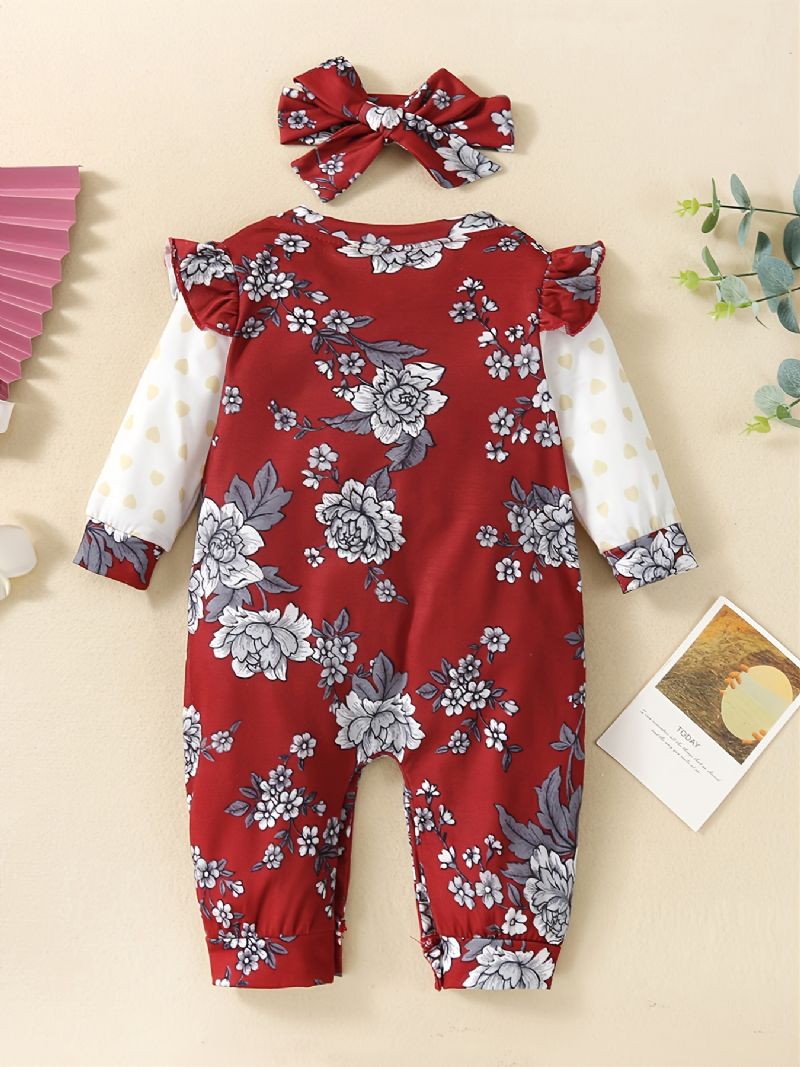 Toddler Bebis Flickor Jumpsuit Volang Långärmad Tröja Med Blommönster & Pannbandset