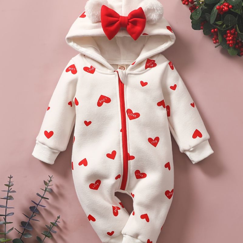 Toddler Bebis Heart Print Långärmad Hooded Jumpsuit För Flickor