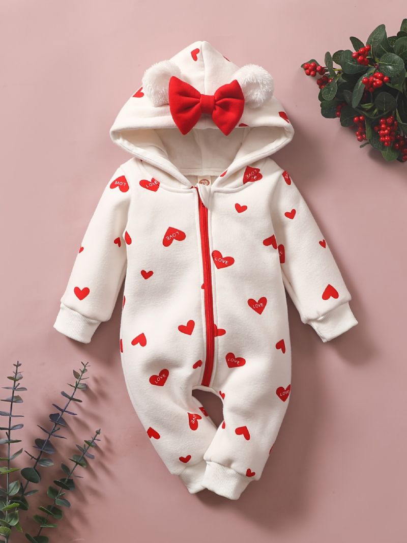 Toddler Bebis Heart Print Långärmad Hooded Jumpsuit För Flickor