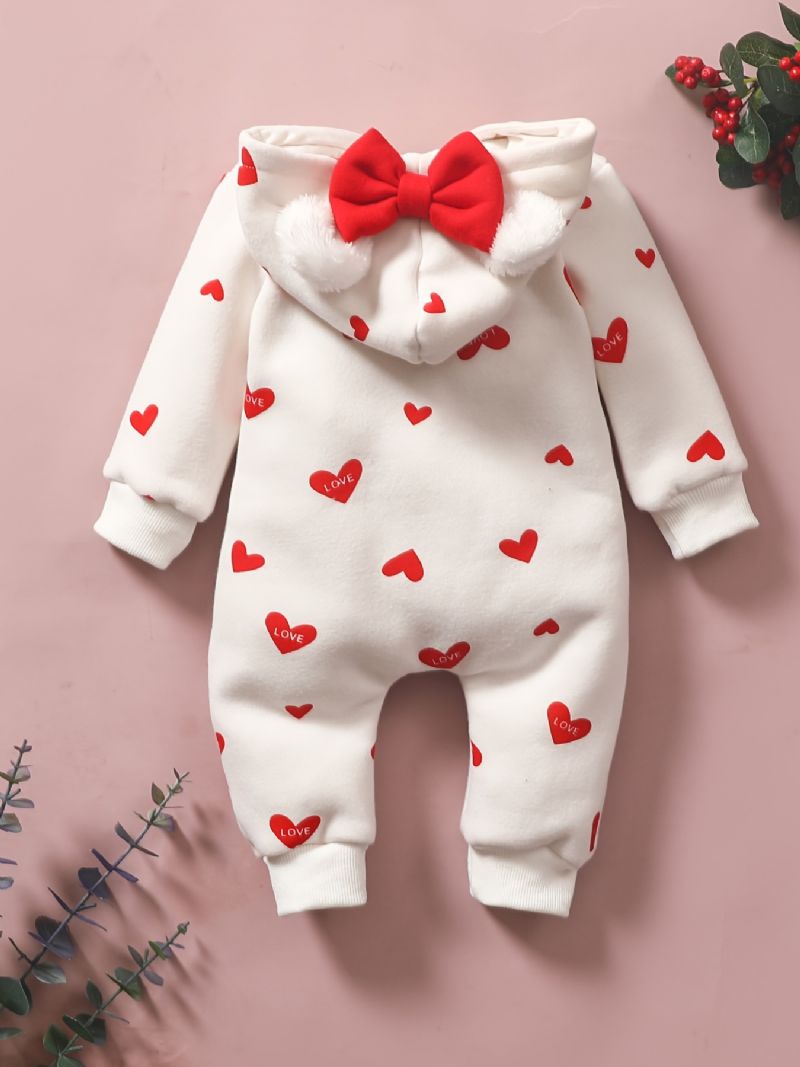 Toddler Bebis Heart Print Långärmad Hooded Jumpsuit För Flickor