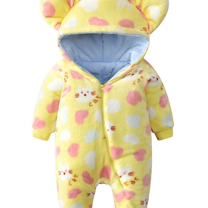 Toddler Bebis Hooded Jumpsuit Hjärta Cat Print Långärmad Dragkedja Romper För Pojkar Flickor