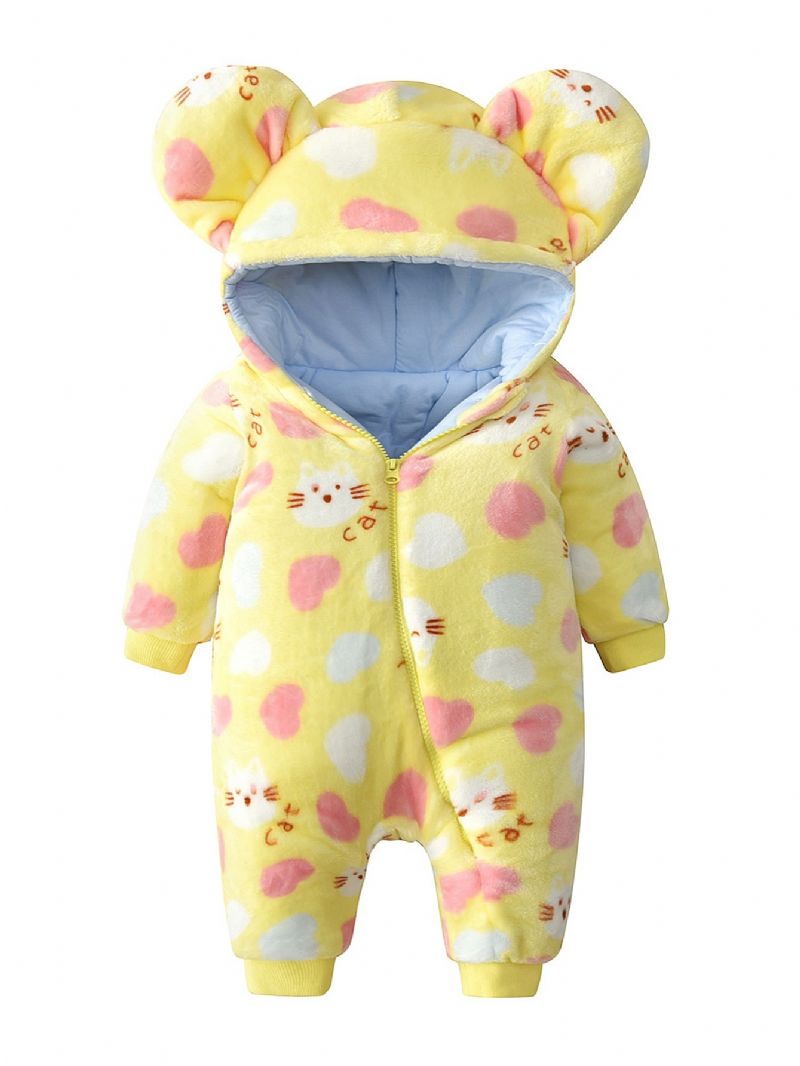 Toddler Bebis Hooded Jumpsuit Hjärta Cat Print Långärmad Dragkedja Romper För Pojkar Flickor