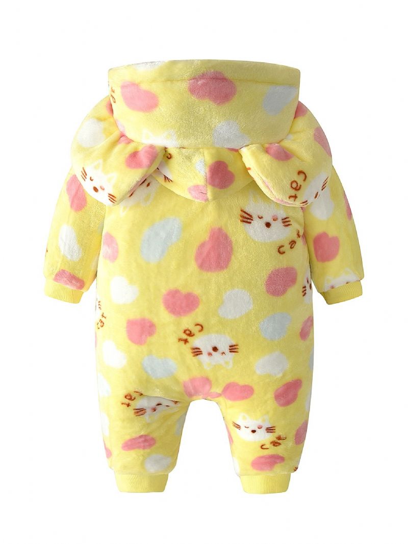 Toddler Bebis Hooded Jumpsuit Hjärta Cat Print Långärmad Dragkedja Romper För Pojkar Flickor