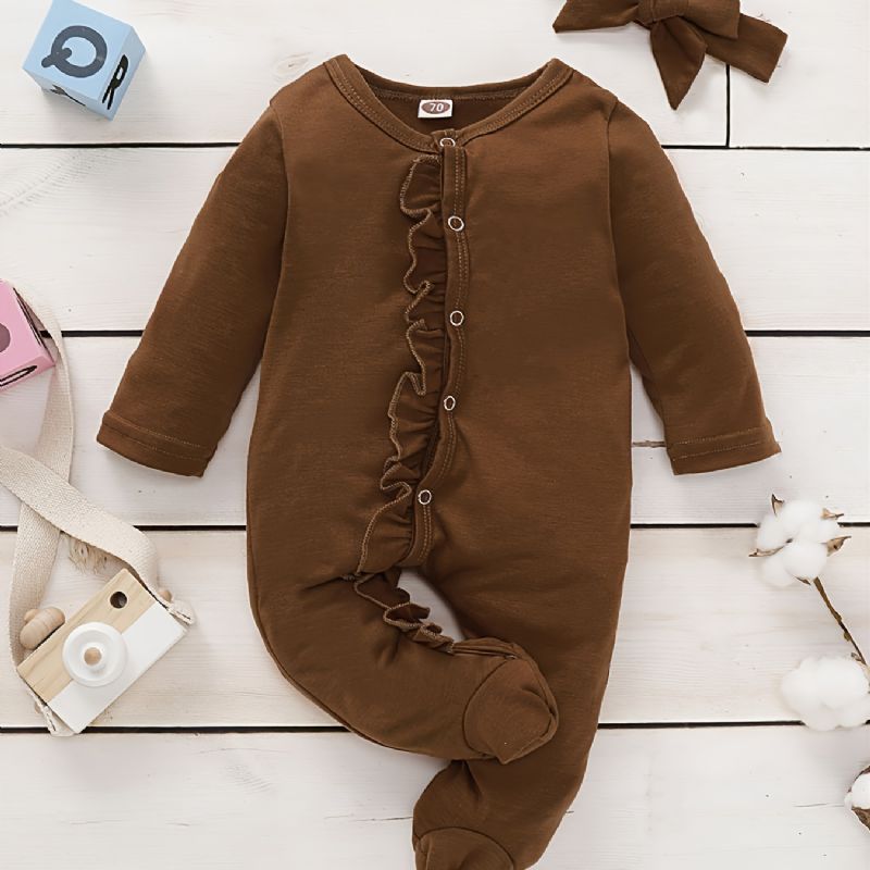 Toddler Bebis Jumpsuit Volang Trim Rund Hals Långärmad Romper & Pannband För Pojkar Flickor