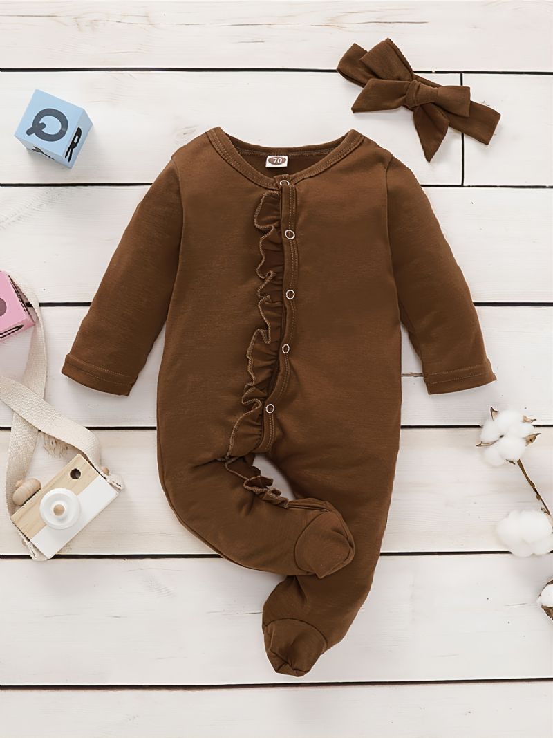 Toddler Bebis Jumpsuit Volang Trim Rund Hals Långärmad Romper & Pannband För Pojkar Flickor