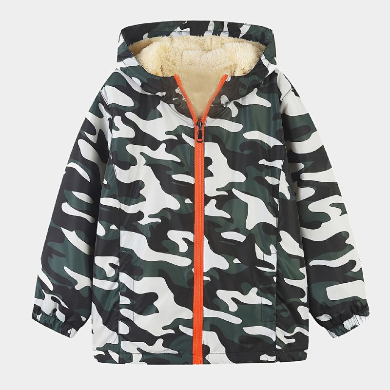 1st Pojkar Casual Camouflage Print Dragkedja Huvjacka Cardigan Krage Fleece Termojacka För Vintern