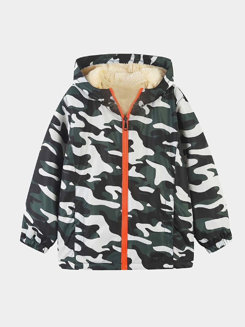 1st Pojkar Casual Camouflage Print Dragkedja Huvjacka Cardigan Krage Fleece Termojacka För Vintern