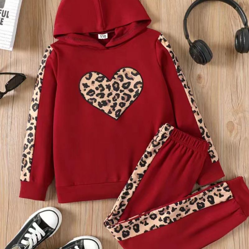 2st Bebis Flickor Leopard-mönstrat Paneled Hoodie Byx Set