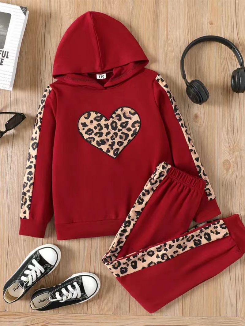 2st Bebis Flickor Leopard-mönstrat Paneled Hoodie Byx Set