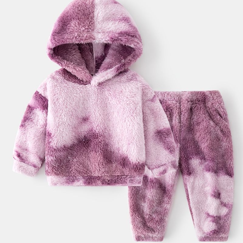 2st Bebis Flickor Plysch Hoodie Tie Dye Långärmad Pullover Sweatshirt & Byx Set Barnkläder