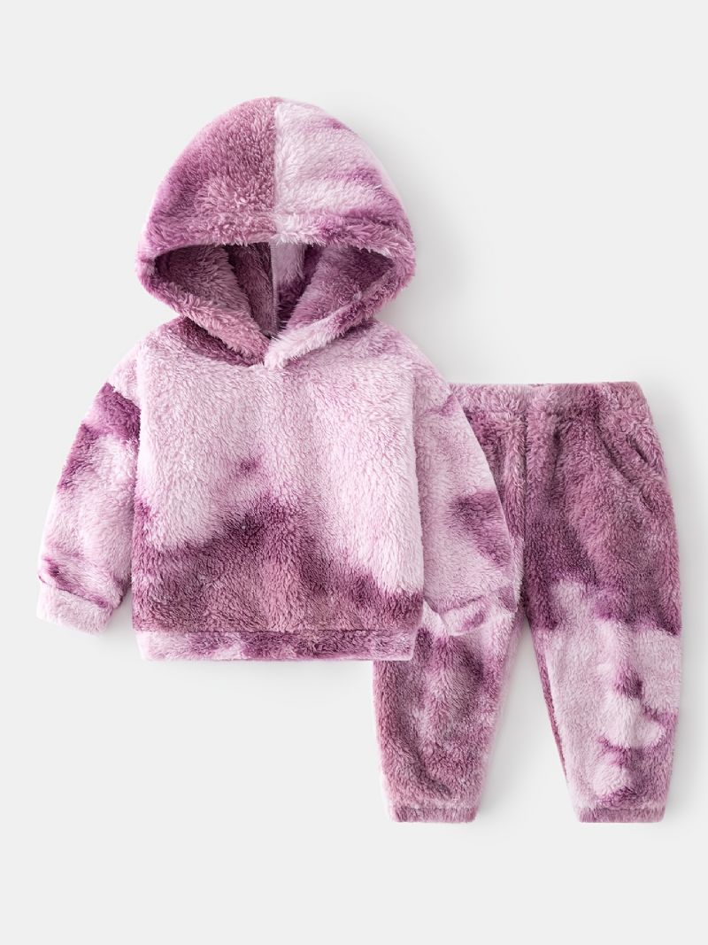 2st Bebis Flickor Plysch Hoodie Tie Dye Långärmad Pullover Sweatshirt & Byx Set Barnkläder