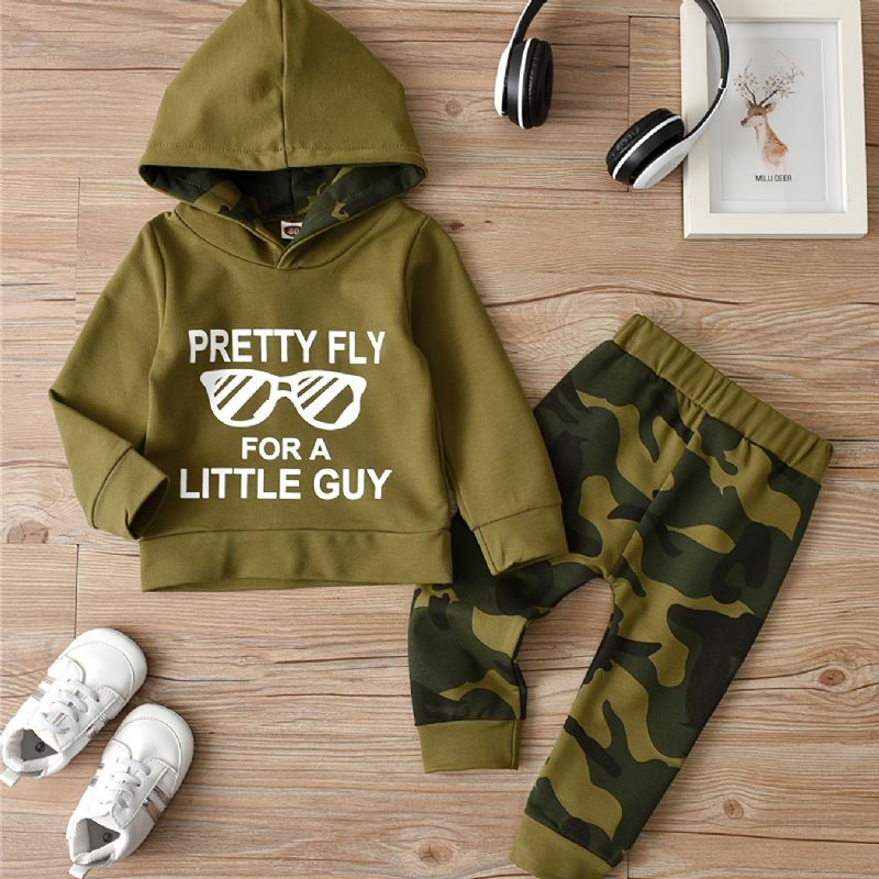 2st Bebis Pojkar Letter Print Hoodie Långärmad Sweatshirt & Camouflage Byx Set Barnkläder