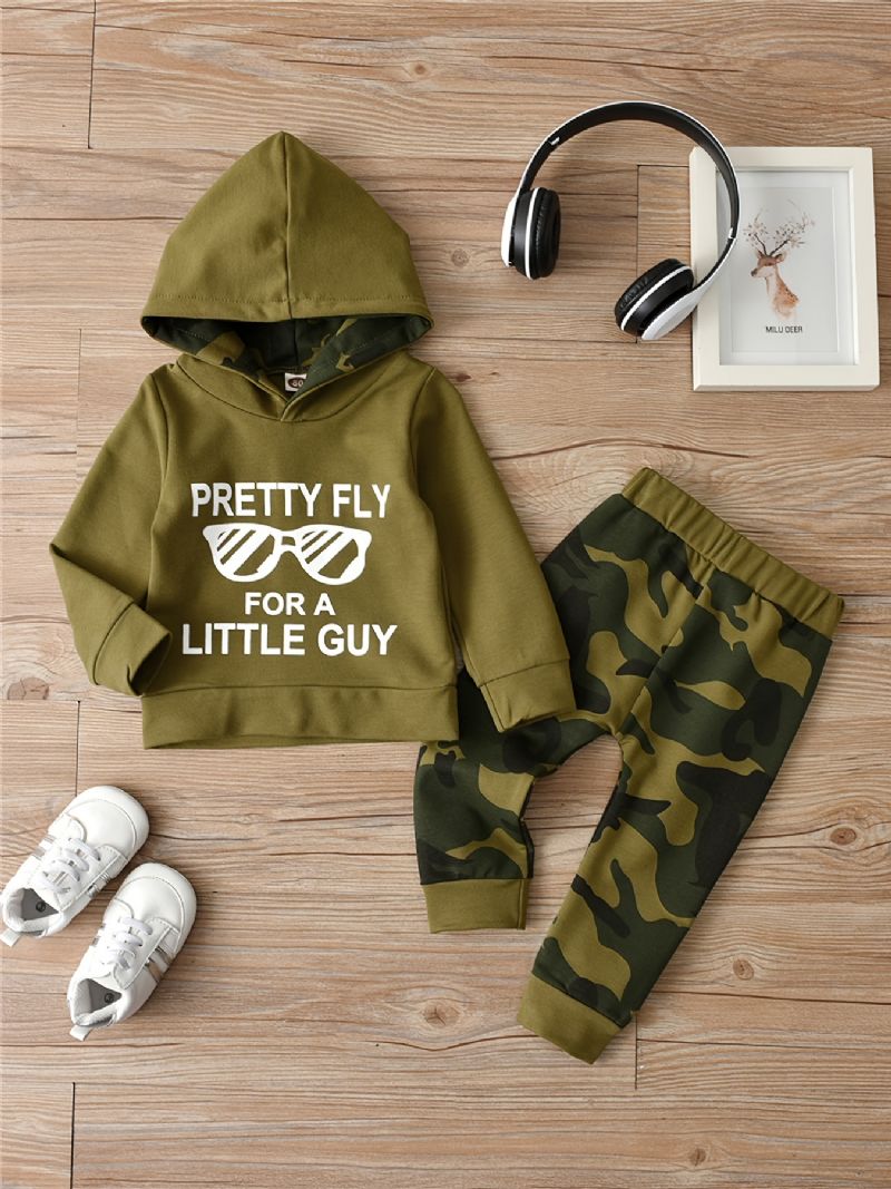 2st Bebis Pojkar Letter Print Hoodie Långärmad Sweatshirt & Camouflage Byx Set Barnkläder