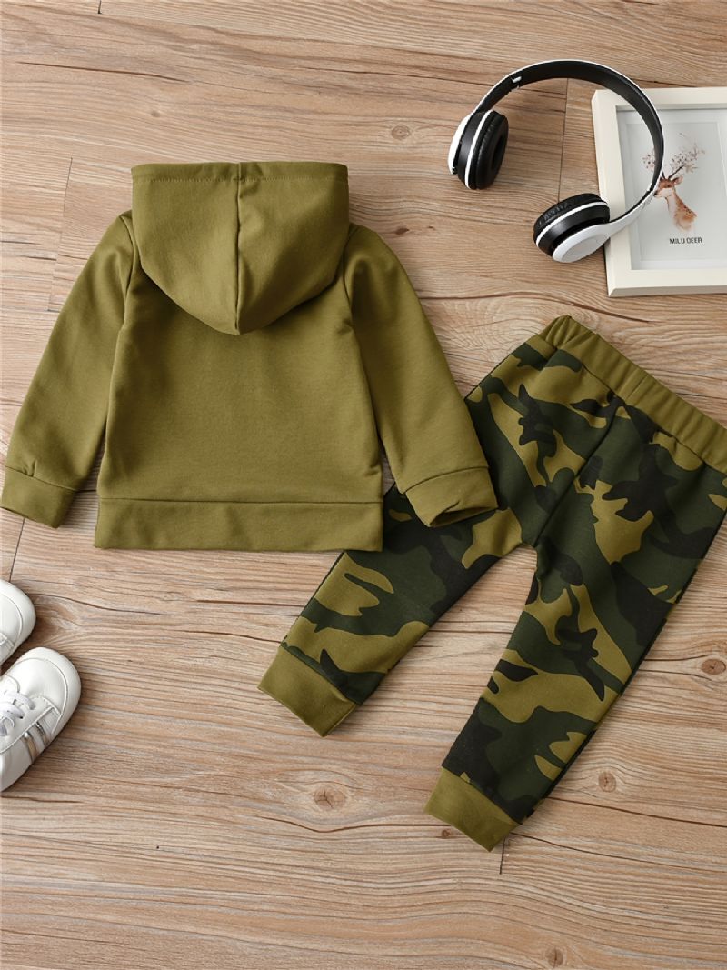 2st Bebis Pojkar Letter Print Hoodie Långärmad Sweatshirt & Camouflage Byx Set Barnkläder