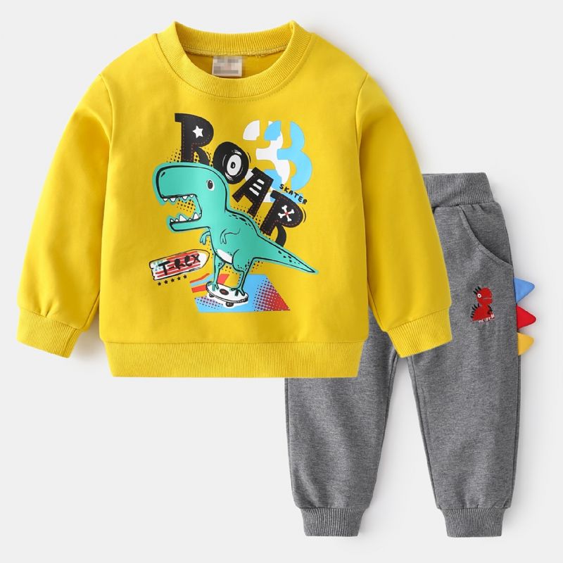 2st Pojkar Casual Cartoon Dinosaur Letter Print Termisk Sweatshirt & Träningsbyxor För Vintern