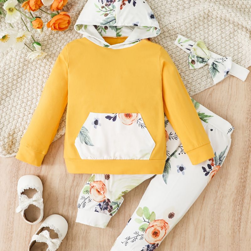 3st Bebis Flickor Hoodie Blommatryck Långärmad Pullover Sweatshirt & Byxor & Pannband Barnkläder Set