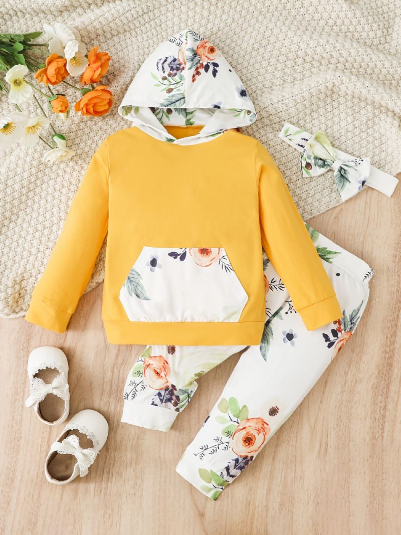 3st Bebis Flickor Hoodie Blommatryck Långärmad Pullover Sweatshirt & Byxor & Pannband Barnkläder Set