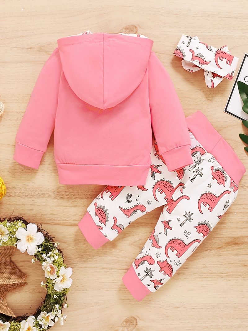 3st Flickor Rosa Bokstavstryck Långärmad Hoodie Topp Söt Dinosaurietryck Elastiska Midjebyxor Med Pannband Set Kläder