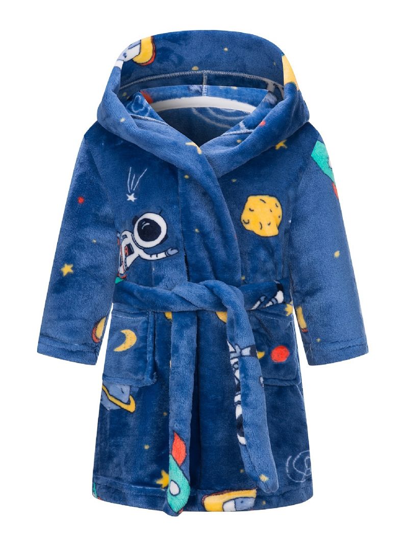 Barn Astronaut Print Flanell Badrockar Pojkar Flickor Huvtröja Mjuka Nattkläder